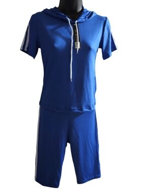 NEW Blue Two-Piece Hooded Short Set ☆ SMALL ☆ DRY FIT Material BOUTIQUE BRAND